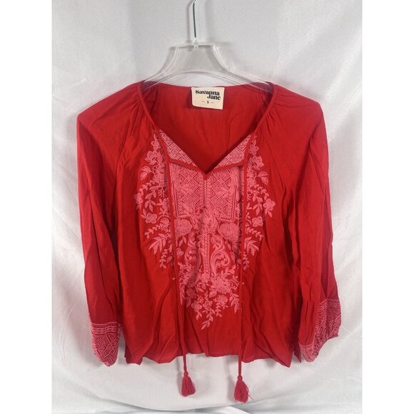 SAVANNA JANE Boho Floral Embroidered Tasseled Long-Sleeve Blouse Size S - Picture 1 of 8